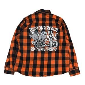 Hot Leathers Daytona Beach Bike Week 2022 Flannel Shirt XL Orange Black Plaid